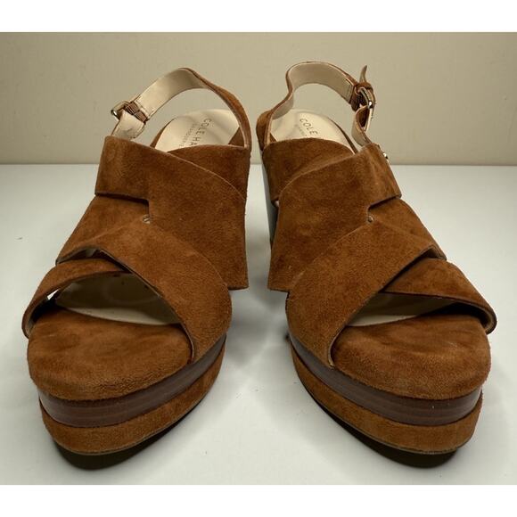 Cole Haan Laci Platform Wedge Sandal Women 7B Cognac Suede Buckle Strap Peep Toe - Picture 2 of 9
